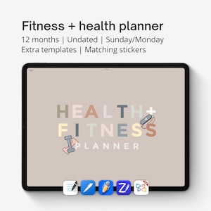May include: A digital planner for iPad with a colorful design featuring the text "HEALTH+FITNESS PLANNER". The planner is shown on a tablet screen with a beige background. The image also shows icons for note-taking, drawing, and other apps.