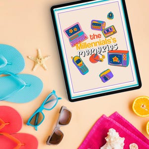 May include: A digital tablet displaying a graphic with the text "the Millennials's memories" and various retro tech icons, including a laptop, a cell phone, a cassette tape, a headset, and a television. The tablet is on a light orange surface with a pink towel, seashells, sunglasses, and flip-flops.