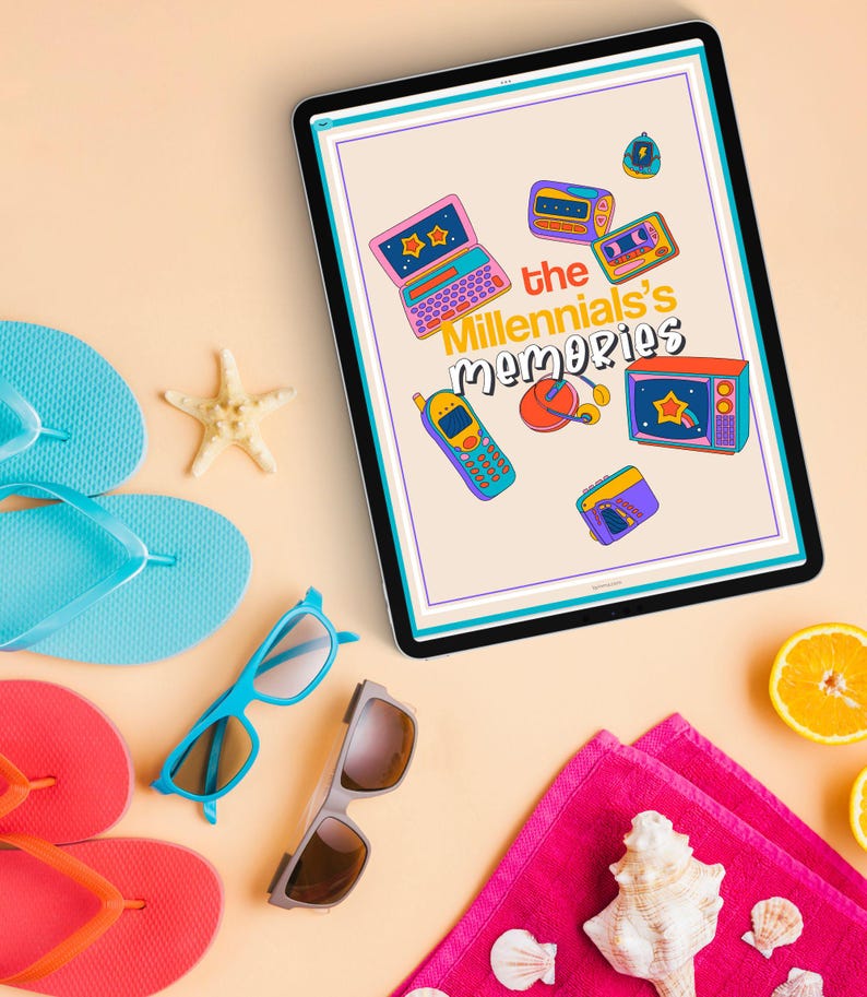 May include: A digital tablet displaying a graphic with the text "the Millennials's memories" and various retro tech icons, including a laptop, a cell phone, a cassette tape, a headset, and a television. The tablet is on a light orange surface with a pink towel, seashells, sunglasses, and flip-flops.