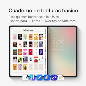 Könnte beinhalten: Zwei Tablets werden gezeigt, eines zeigt ein digitales Lesetagebuch mit Buchcovern und dem Text "Quiero leer". Das andere Tablet hat den Text "SLOW READING" auf einem Farbverlaufshintergrund. Der Text "Cuaderno de lecturas básico" steht oben.