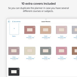 May include: A screenshot of a digital planner app with 10 different cover options. The covers are in various colors and patterns, including pink, beige, gray, and brown. The text "Lesson Planners" is at the top of the screen.