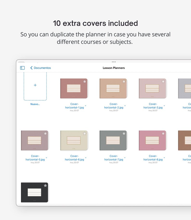 May include: A screenshot of a digital planner app with 10 different cover options. The covers are in various colors and patterns, including pink, beige, gray, and brown. The text "Lesson Planners" is at the top of the screen.