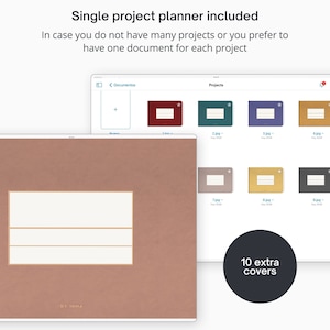 May include: A digital screen showing a project planner with 10 different cover options. The planner is labeled "Projects" and the covers are numbered 2 through 9. The text "10 extra covers" is displayed below the covers.