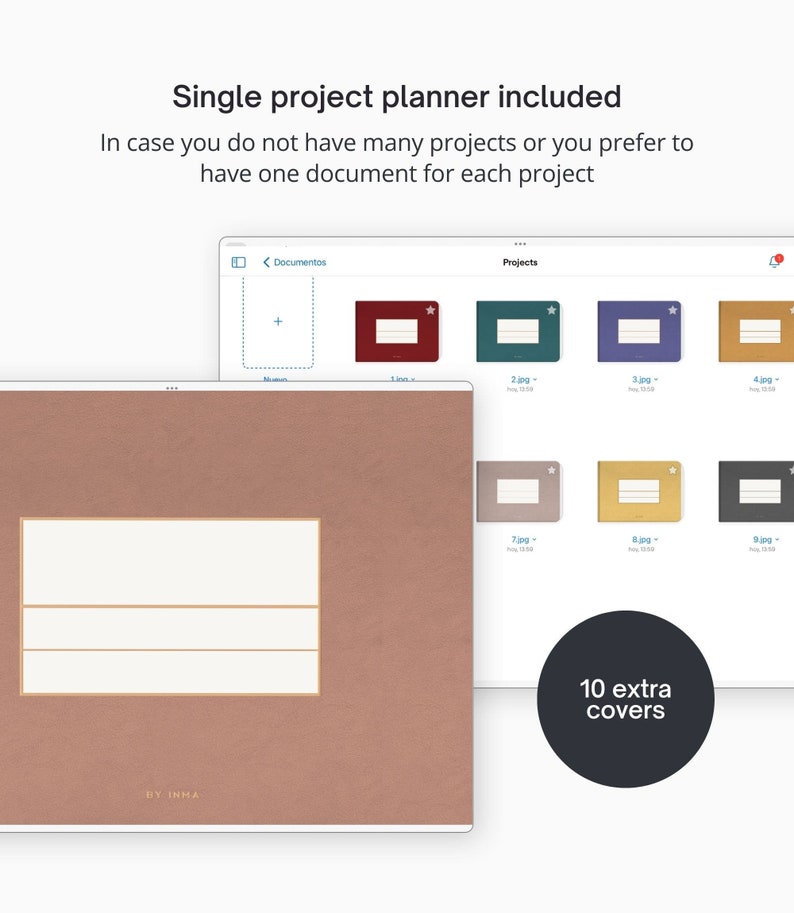 May include: A digital screen showing a project planner with 10 different cover options. The planner is labeled "Projects" and the covers are numbered 2 through 9. The text "10 extra covers" is displayed below the covers.
