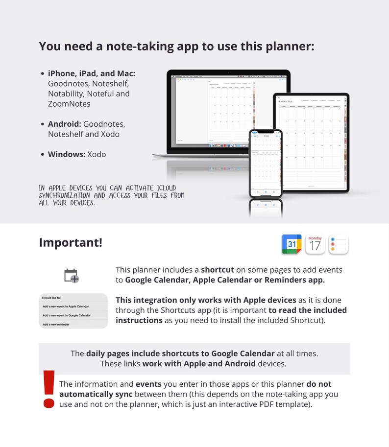 May include: A digital planner display showing compatibility with Goodnotes, Noteshelf, Notability, Noteful, ZoomNotes, and Xodo across iPhone, iPad, Mac, Android, and Windows devices. Includes text regarding iCloud sync, Google Calendar, and Apple Calendar shortcuts.
