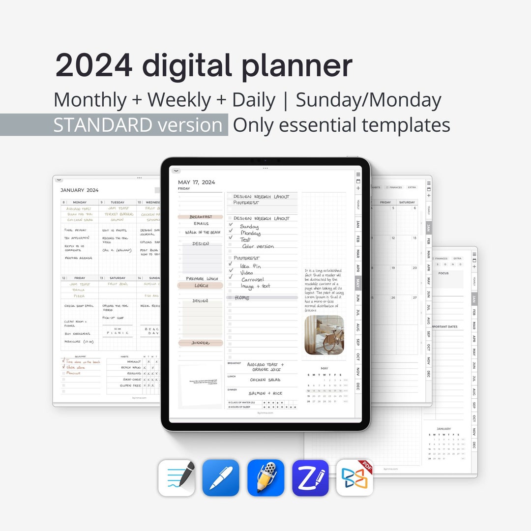 Digital Planner Portrait Goodnotes 2024, Minimalist iPad Daily Planner ...