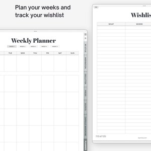 May include: A printable planner with a weekly calendar and a wishlist section. The planner has a gray and white color scheme and includes the text "Weekly Planner" and "Wishlist".
