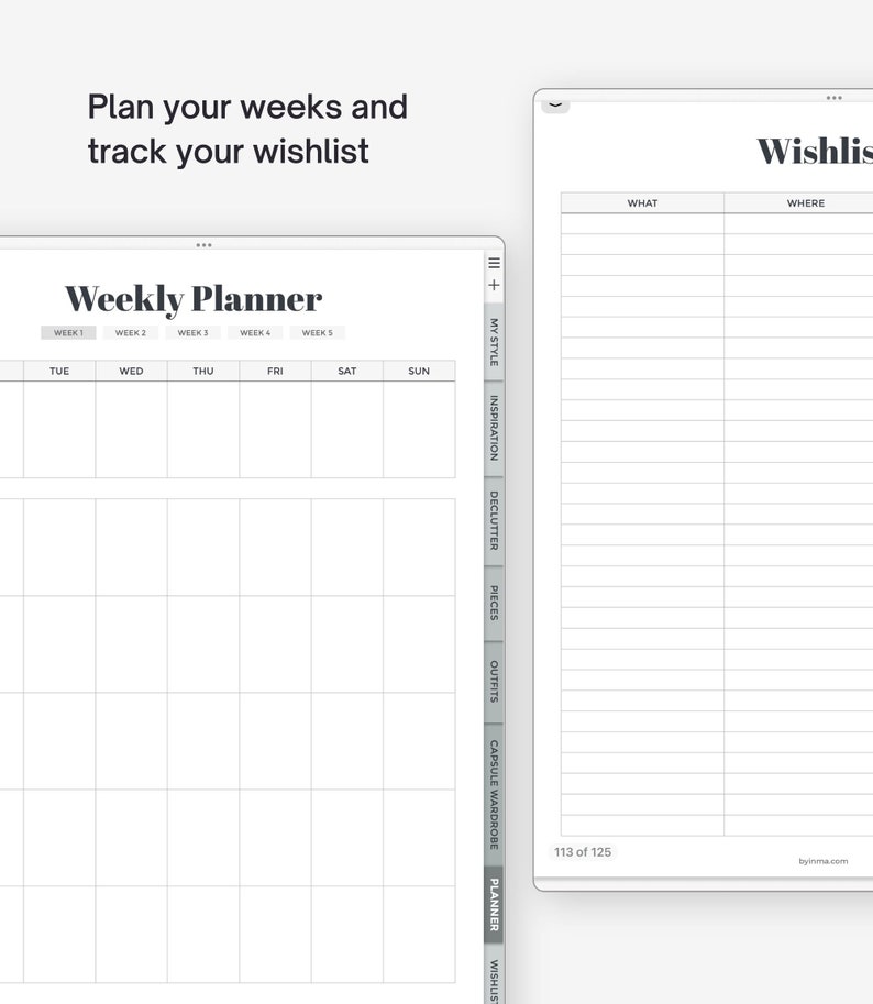 May include: A printable planner with a weekly calendar and a wishlist section. The planner has a gray and white color scheme and includes the text "Weekly Planner" and "Wishlist".