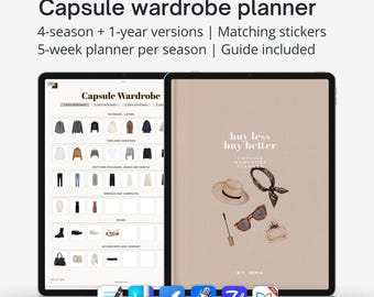 Capsule wardrobe planner for iPad, Digital outfit planner for Goodnotes with hyperlinks, 4-seasons and 1-year planner versions included