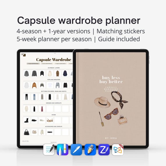 Capsule wardrobe planner for iPad, Digital outfit planner for Goodnotes with hyperlinks, 4-seasons and 1-year planner versions included