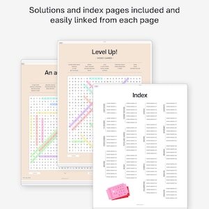 May include: A printable set of word search puzzles with a pink, blue, and yellow color scheme. The puzzles are organized by category, such as video games, movies, and music. The title of the set is "Level Up!" and the index page includes a ticket with the text "ticket ride to the 20's".