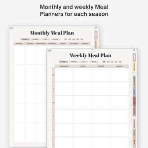 Pu&ograve; includere: Modelli di pianificatore di pasti digitali con layout per piani mensili e settimanali. L'interfaccia include schede per stagioni, settimane e categorie come spesa, colazione, pranzo, cena, spuntini, antipasti, contorni e dessert.