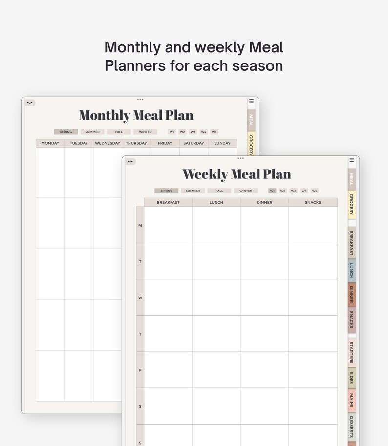 Pu&ograve; includere: Modelli di pianificatore di pasti digitali con layout per piani mensili e settimanali. L'interfaccia include schede per stagioni, settimane e categorie come spesa, colazione, pranzo, cena, spuntini, antipasti, contorni e dessert.