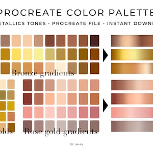 Procreate palette metallic gradients. Gold, rose gold and bronze color palette to create metallic effect. 73 Procreate swatches for iPad