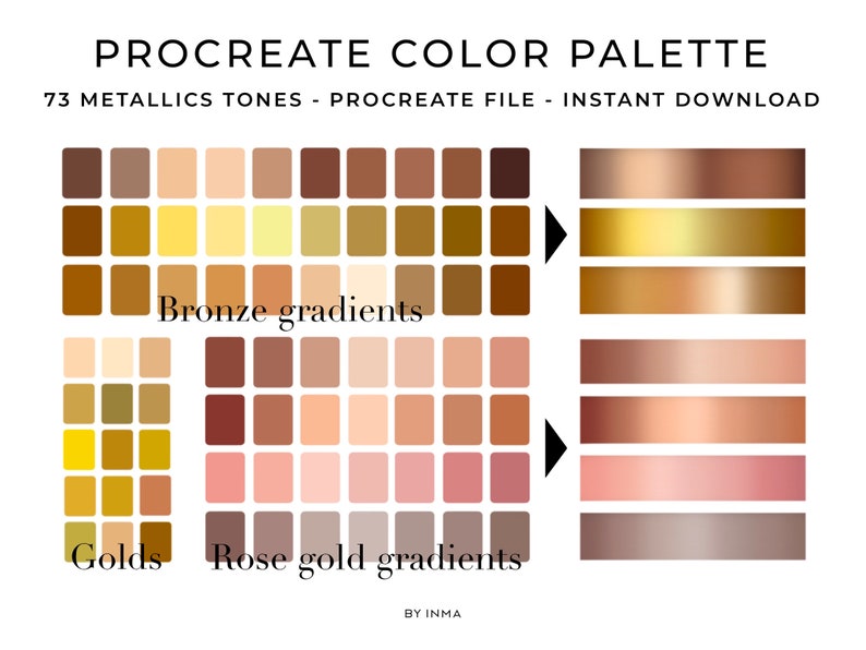 Pu&ograve; includere: Una tavolozza di colori digitale per Procreate con 73 tonalit&agrave; metalliche, tra cui sfumature di bronzo, oro e oro rosa. La tavolozza &egrave; organizzata in tre sezioni: sfumature di bronzo, ori e sfumature di oro rosa. Ogni sezione include una serie di campioni di colore e una barra di sfumatura.