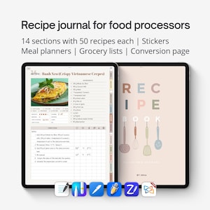 May include: A digital recipe journal for food processors displayed on two tablet screens. The left screen shows a Banh Xeo recipe with ingredients and instructions. The right screen shows a cover page titled RECIPE BOOK with kitchen utensil icons.