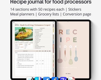 Digital recipe journal PDF for food processors. Monsieur Cuisine template for iPad and tablets. Thermomix digital recipe notebook. Portrait