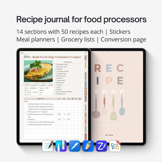 Digital recipe journal PDF for food processors. Monsieur Cuisine template for iPad and tablets. Thermomix digital recipe notebook. Portrait
