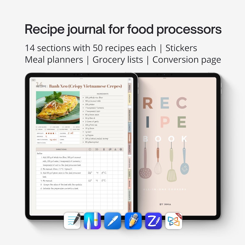 Pu&ograve; includere: Un diario di ricette digitale per robot da cucina visualizzato su due schermi di tablet. Lo schermo sinistro mostra una ricetta di Banh Xeo con ingredienti e istruzioni. Lo schermo destro mostra una copertina intitolata RECIPE BOOK con utensili.