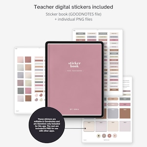 May include: A digital sticker book for teachers with a pink cover and the text "sticker book - for teachers - by Inna". The book includes a variety of stickers for classroom use, such as "meeting", "class begin", "no school", "class end", "plan", "testing", "conference", "assembly", "sick day", "personal day", "busy day", "class party", "reward", "don't forget", "reports", "graduation", "notes", and more.