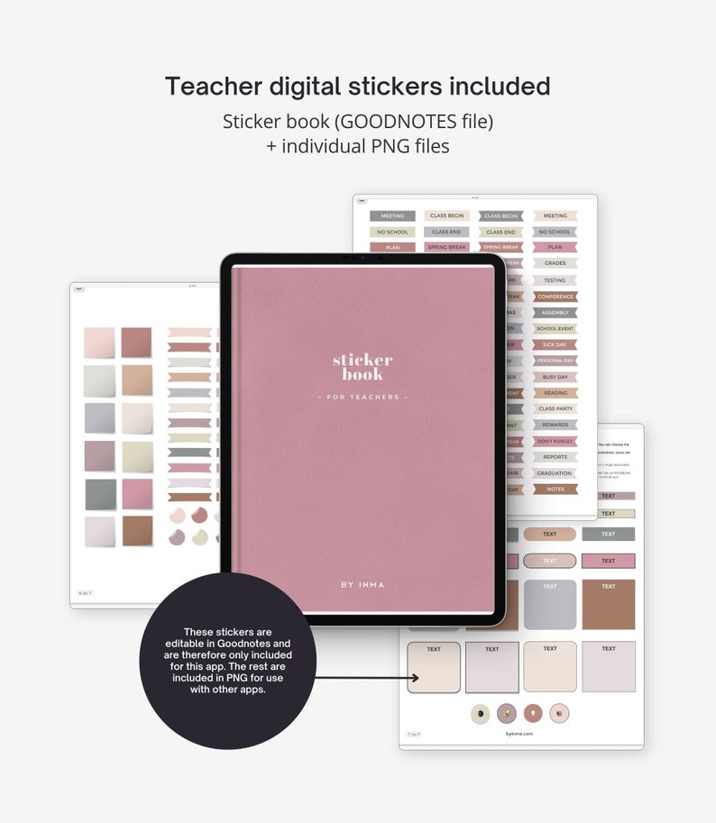 May include: A digital sticker book for teachers with a pink cover and the text "sticker book - for teachers - by Inna". The book includes a variety of stickers for classroom use, such as "meeting", "class begin", "no school", "class end", "plan", "testing", "conference", "assembly", "sick day", "personal day", "busy day", "class party", "reward", "don't forget", "reports", "graduation", "notes", and more.