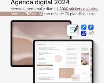 Digitaler Planer 2024 SPANISCH, Goodnotes-Vorlage + digitale Aufkleber, PDF-Planer wöchentlich täglich, All in one ästhetischer Planer. PREMIUM-Version