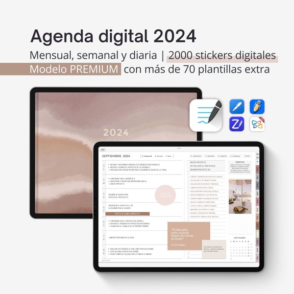 Agenda digital 2024 para iPad. Planificador interactivo en PDF para tablet. Incluye pegatinas. Úsalo con Goodnotes, Notability o Noteshelf