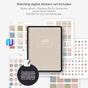 May include: A digital sticker set with a variety of elements for note-taking apps. The set includes a sticker album, elements file for Goodnotes, and PNG files. The image shows a tablet with sticker examples and text boxes.