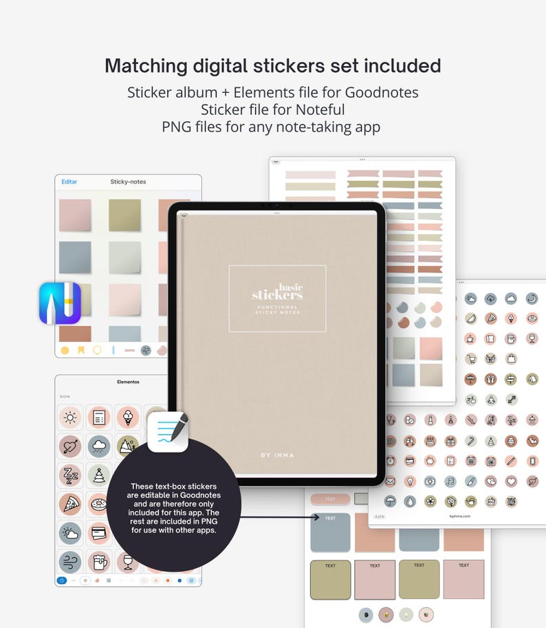 May include: A digital sticker set with a variety of elements for note-taking apps. The set includes a sticker album, elements file for Goodnotes, and PNG files. The image shows a tablet with sticker examples and text boxes.