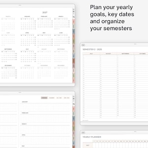 May include: Digital planner with yearly and semester views. The planner includes calendars for 2027, semester layouts for 2025, and a yearly planner. Text on the image reads: "Plan your yearly goals, key dates and organize your semesters."