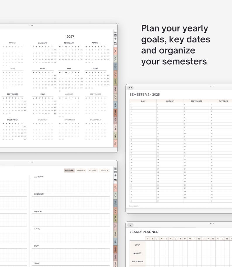 May include: Digital planner with yearly and semester views. The planner includes calendars for 2027, semester layouts for 2025, and a yearly planner. Text on the image reads: "Plan your yearly goals, key dates and organize your semesters."