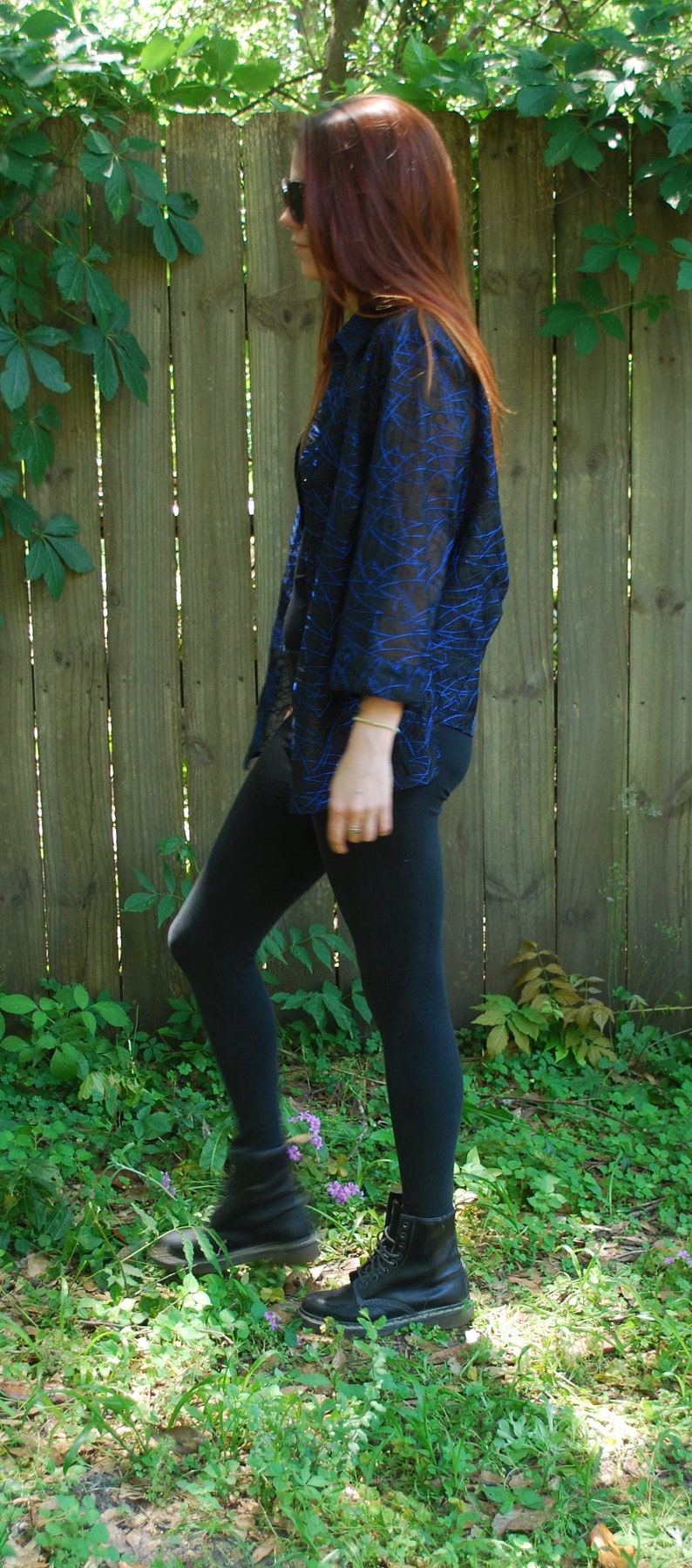 Vintage 90s Sheer Blue Black Button Front Top