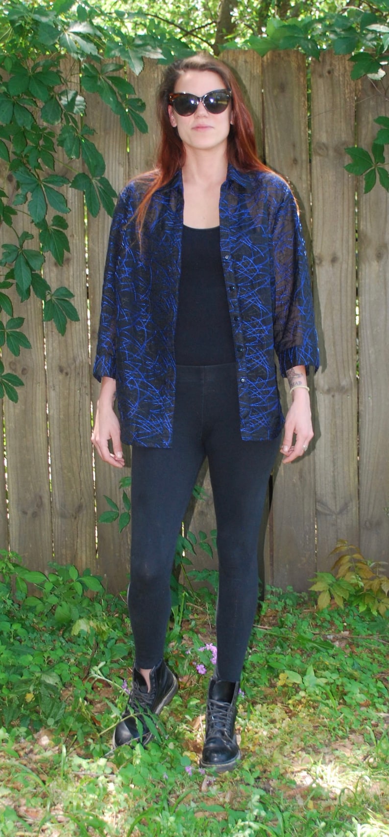 Vintage 90s Sheer Blue Black Button Front Top