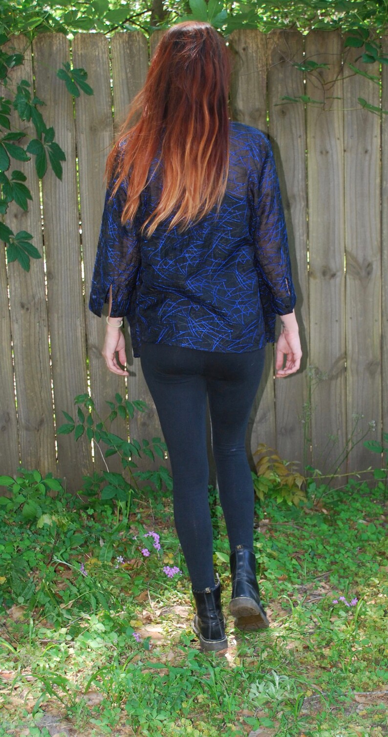 Vintage 90s Sheer Blue Black Button Front Top