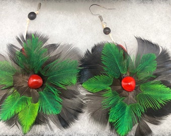 Feather Earrings, Amazon Bird Feather Earrings, Flower Earrings, Boho Earrings