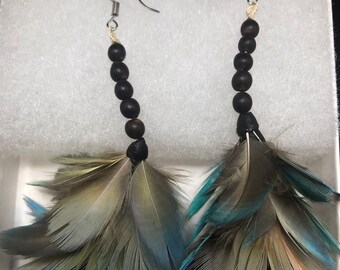 Feather Earrings- Blue, Grey, & Black , Feather Earrings, Boho Feather Earrings