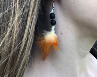 Birds of the Amazon Feather Earrings- Orange and White, Feather Earrings, Boho Feather Earrings