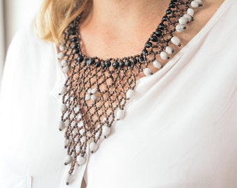 V-Neck Necklace / Tribal Necklace in Black, Brown, and White / Boho Necklace / Jungle Necklace / Ecuador Necklace