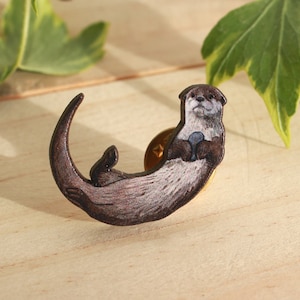 Otter pin - Cute otter with a stone pin - Otter brooch wooden otter pin badge Otter gift for otter lovers river otter pin