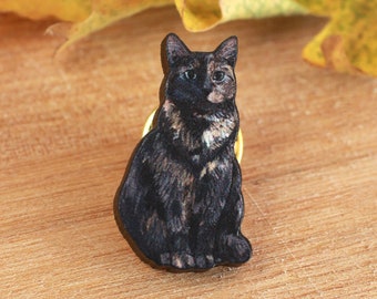 Tortoiseshell cat pin - wooden cat brooch tortie cat pin tricolor cat gift tortie cat jewelry orange black cat pin Cat owner gift idea