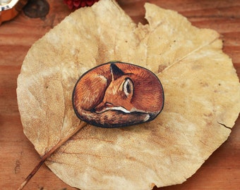 Sleeping fox pin Red fox brooch handmade fox pin badge red fox jewelry fox gift for fox lovers fox jewellery wooden brooch Fall outfit