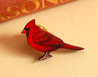 Red cardinal pin - wooden bird pin - Red cardinal bird wooden brooch  - Cottagecore pin brooch