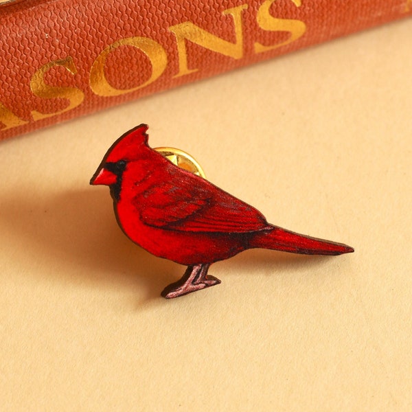 Red cardinal pin - wooden bird pin - Red cardinal bird wooden brooch  - Cottagecore pin brooch