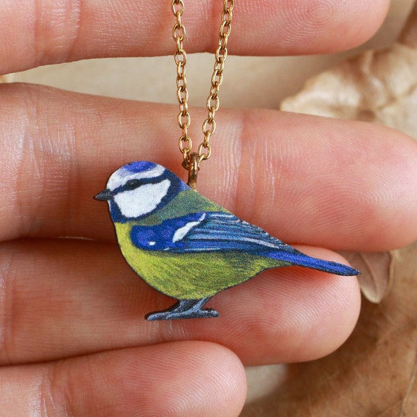 Collier de mésange bleue - Charme de mésange bleue bijoux d'oiseau en bois Idée cadeau de mésange bleue Bijoux de mésange bleue Pendentif de mésange bleue Bijoux d'oiseau Cottagecore