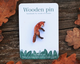 Jumping fox pin - Red fox cub brooch - wooden fox badge - Cottagecore fox pin
