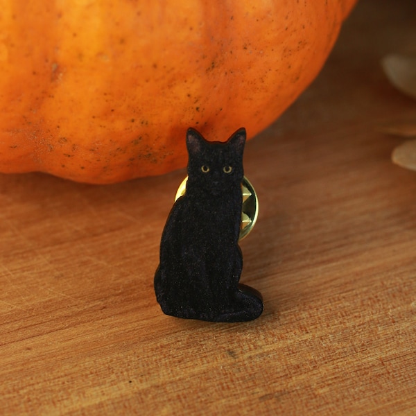 Épingle de chat noir - broche de chat noir insigne d’épingle de chat en bois noir propriétaires de chat cadeau bijoux de chat épingle de chat noir en bois cadeaux de chat noir