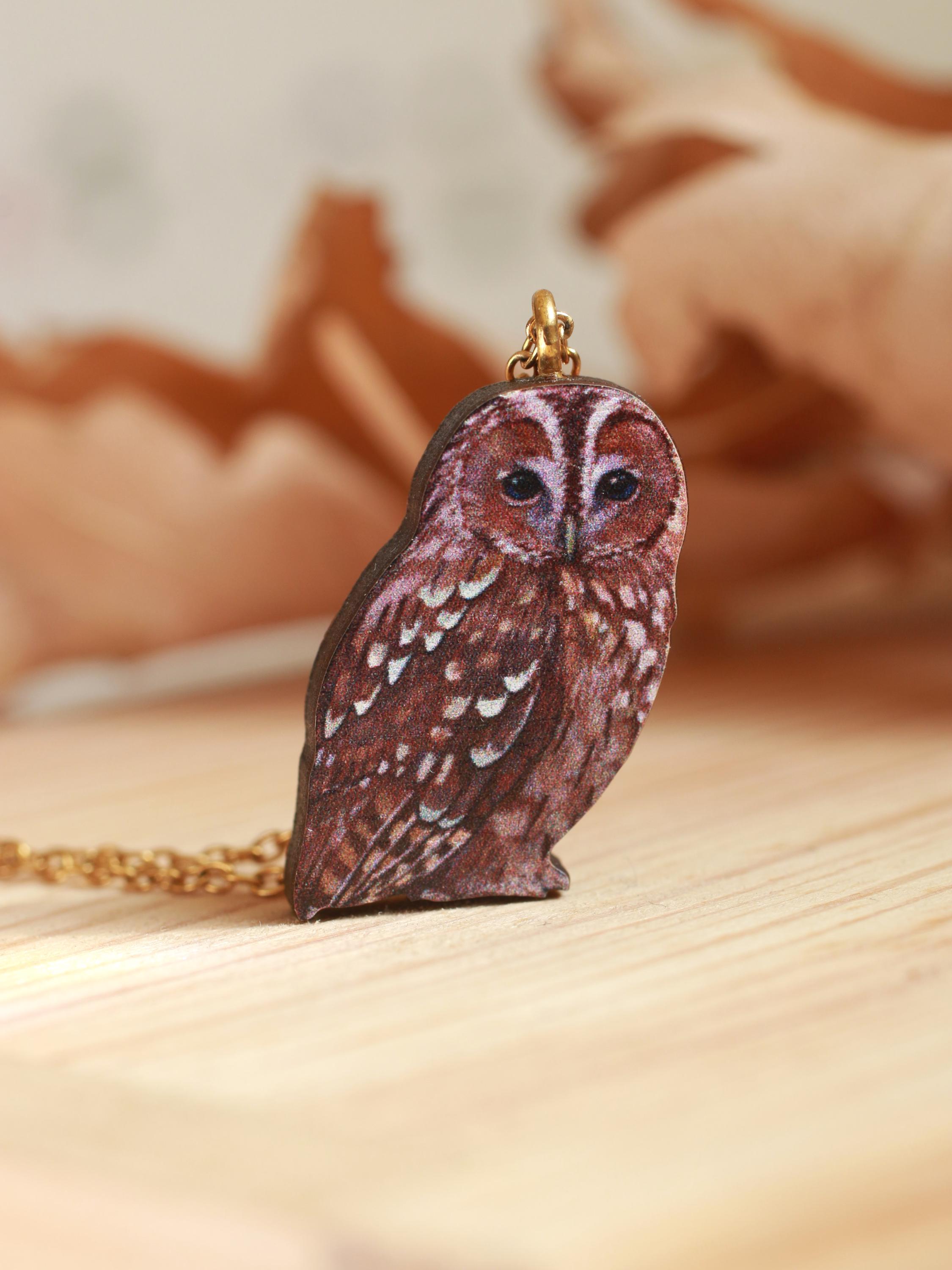 Tawny owl necklace - wooden owl pendant Tawny owl bird jewelry tawny owl pendant Owl gift idea Bird 