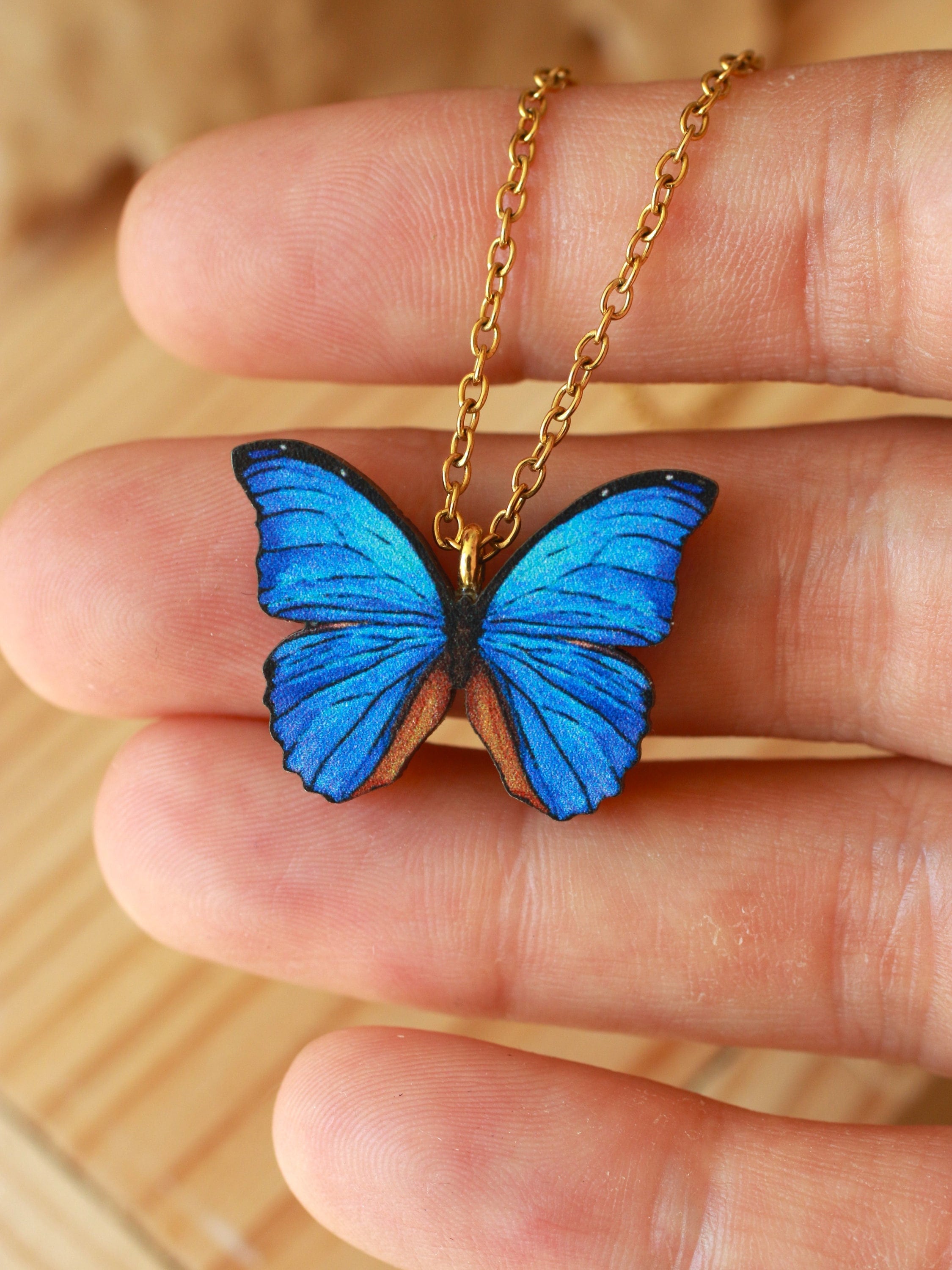 Butterfly Necklace Blue Morpho Butterfly Necklace Wooden