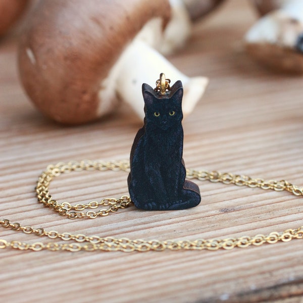 Collier de chat noir - bijoux de chat noir - collier de chat en bois cadeau de propriétaires de chat noir - pendentif de chat noir - collier de chat noir en bois charme de chat