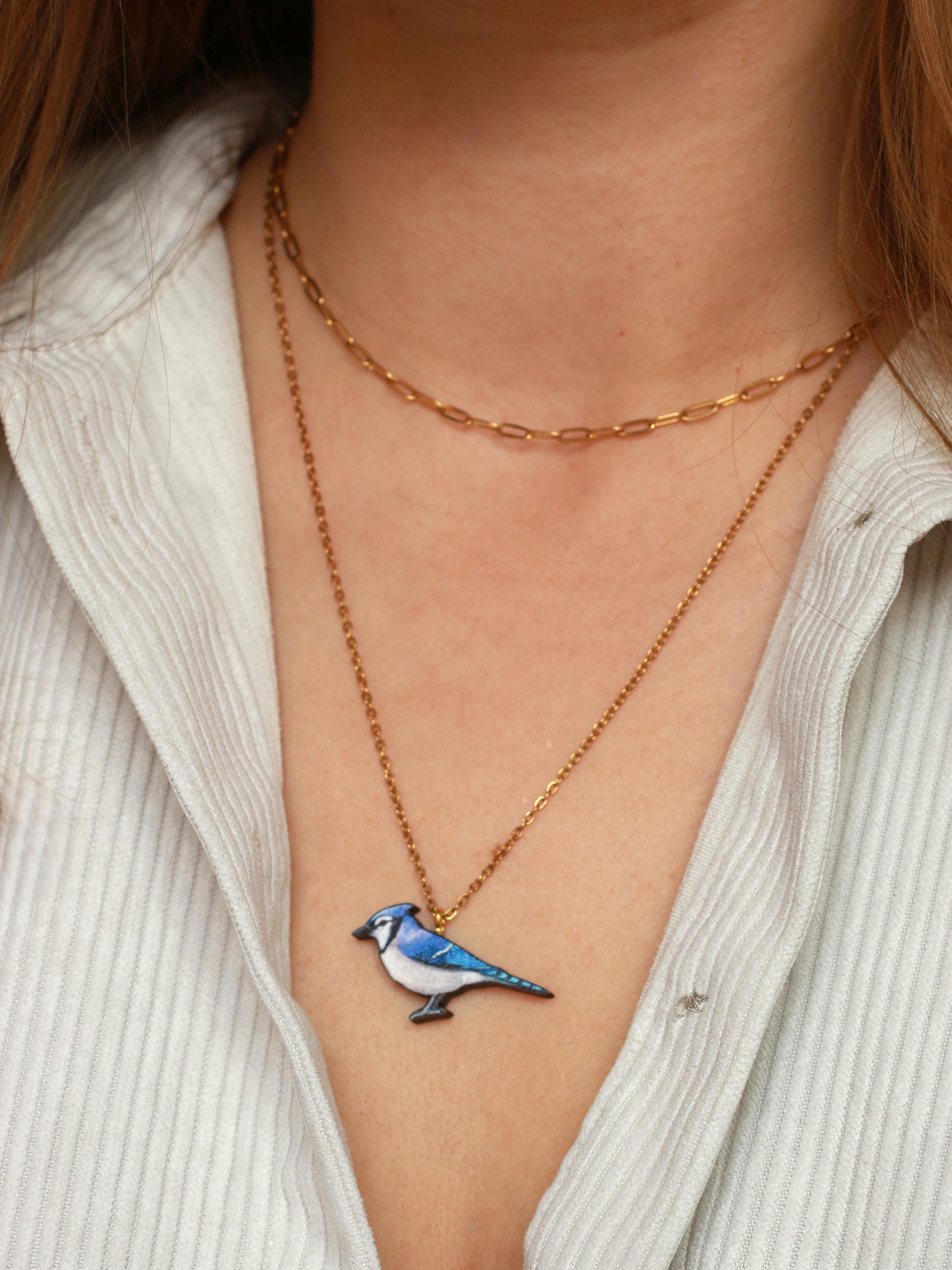 Blue Jay Necklace Wooden Bird Pendant Blue Jay Pendant Blue Jay